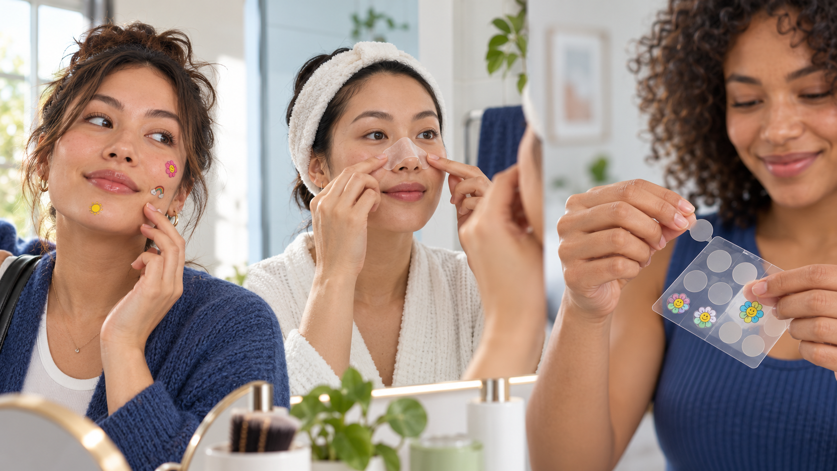 Three consumers using colourful design patches, a nose patch and an easy-release hydrocolloid patch sheet