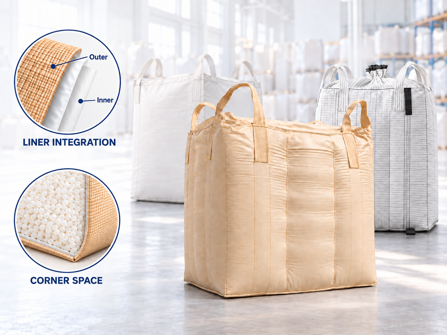 Bulk bag design possibilities, with conceptual liner integration and corner space illustrations