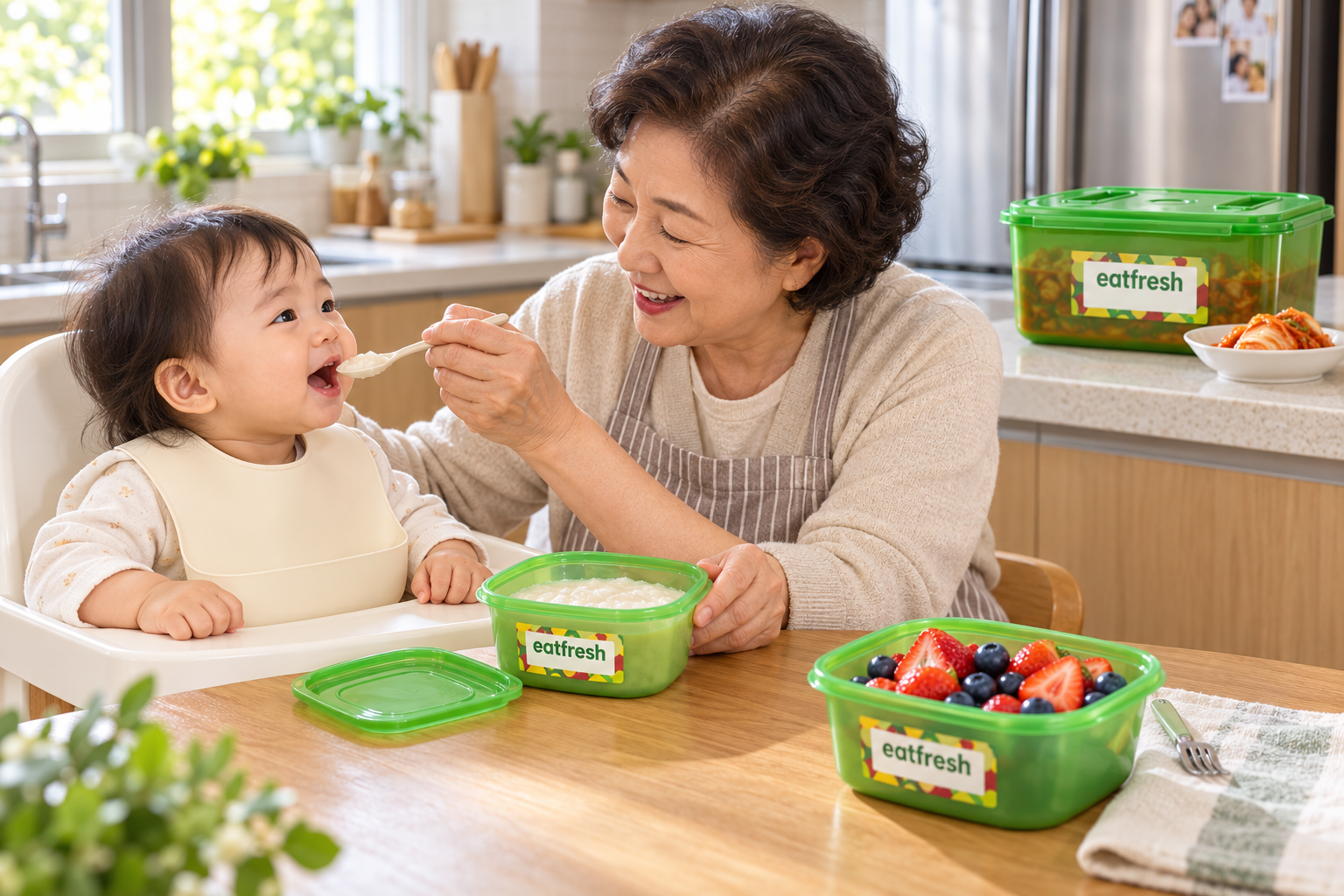 Concept illustration: Grandmother feeding a baby beside EatFresh containers of fruit and kimchi; staged usage scene.