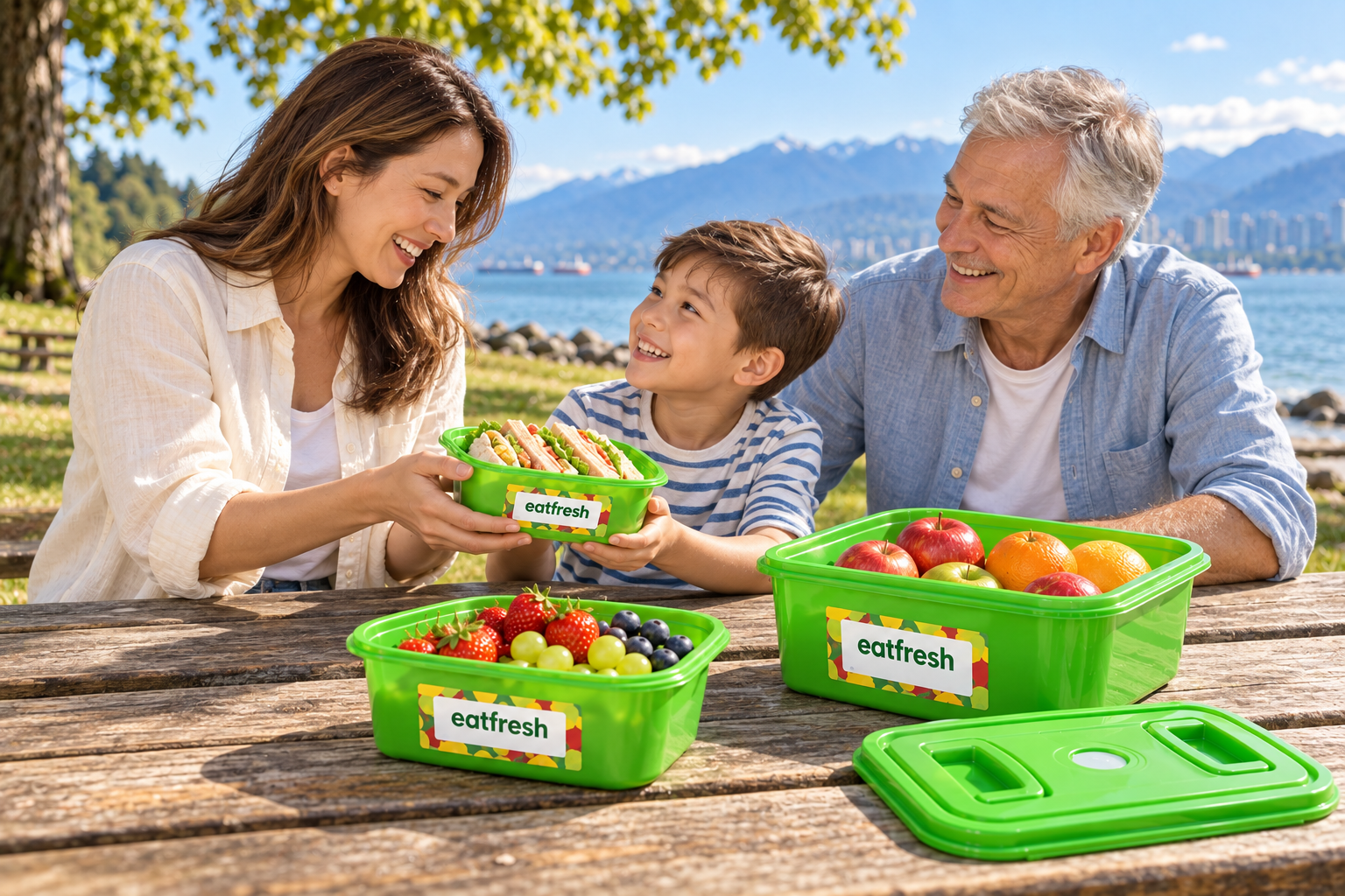 Concept illustration: Grandfather, mother and child sharing food in EatFresh containers at a Vancouver waterfront picnic table; staged usage scene.