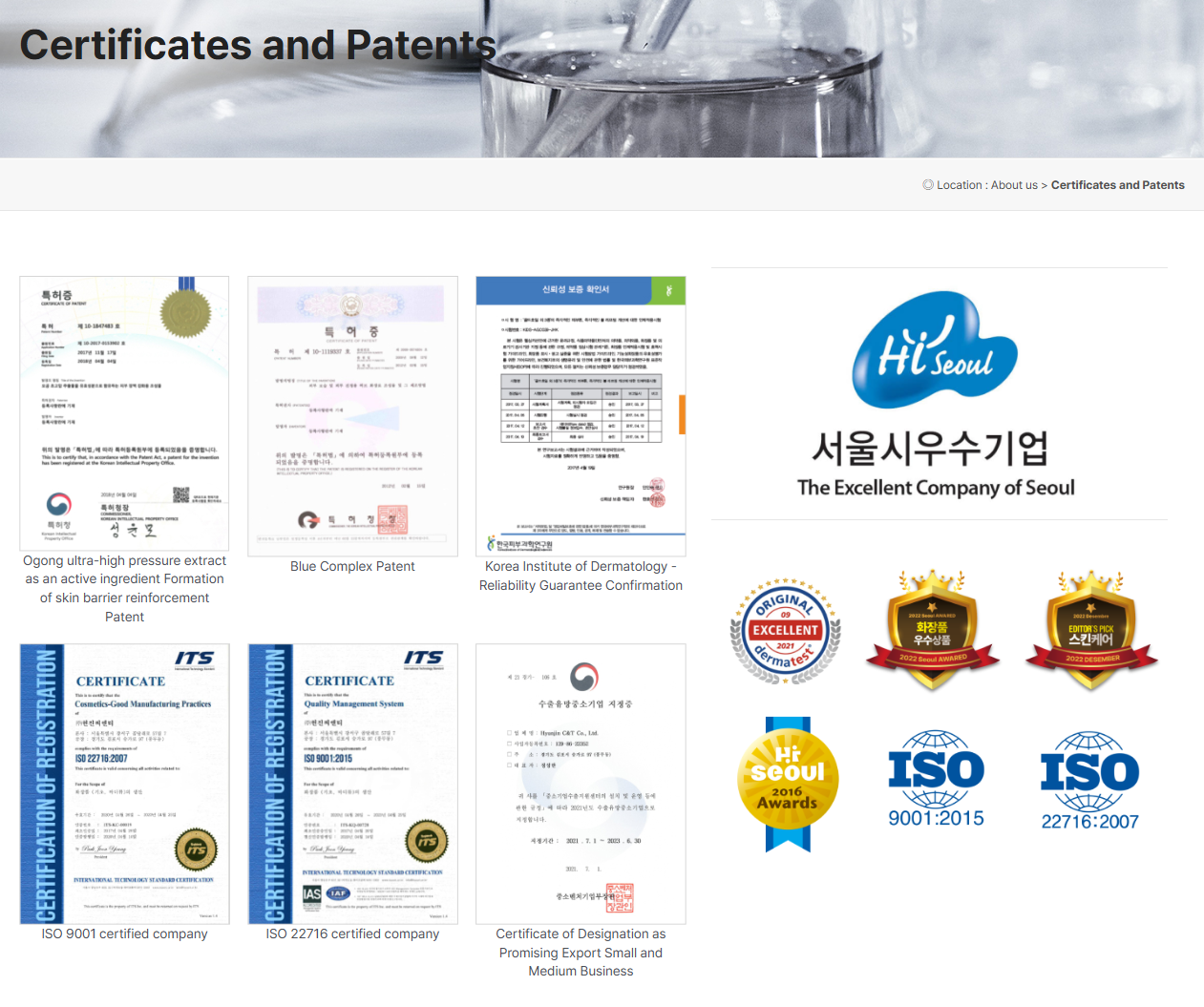 HYUNJIN C&T official Certificates and Patents page — screenshot 17 September 2026; includes historical certificates and patents; current validity not asserted.