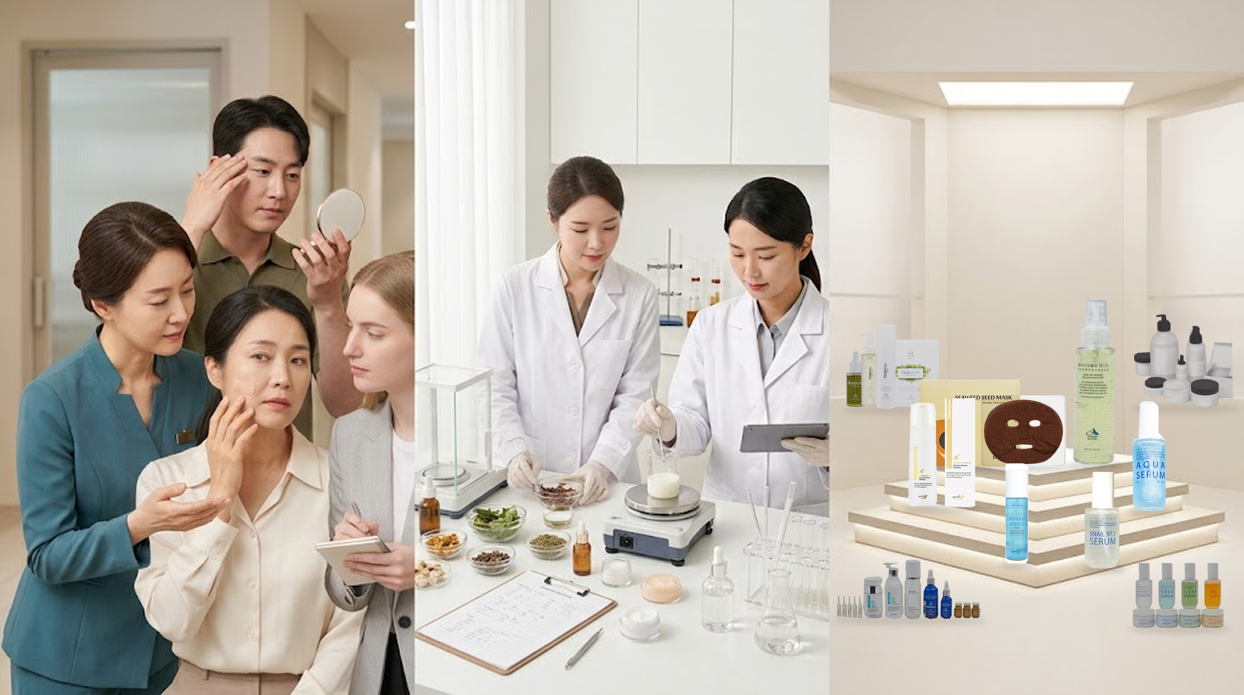 Approved visual with six official products on stage: Desembre at left, Dermagarden at right; additional official product ranges, Hempeak and OEM/ODM in the background