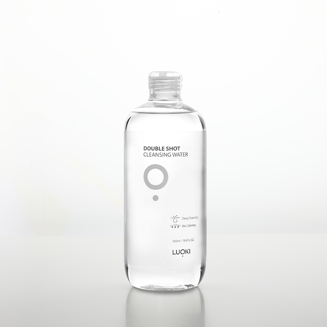 Official clear bottle of LUOKI Double Shot Cleansing Water.