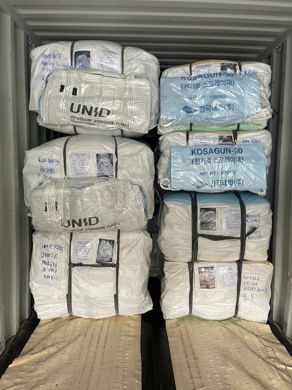 Packed bundles loaded into a shipping container