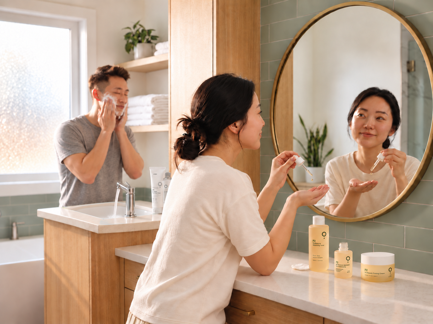 A man cleansing with foam and a woman applying ampoule in a warm bathroom, with the three P2 products beside the wall.