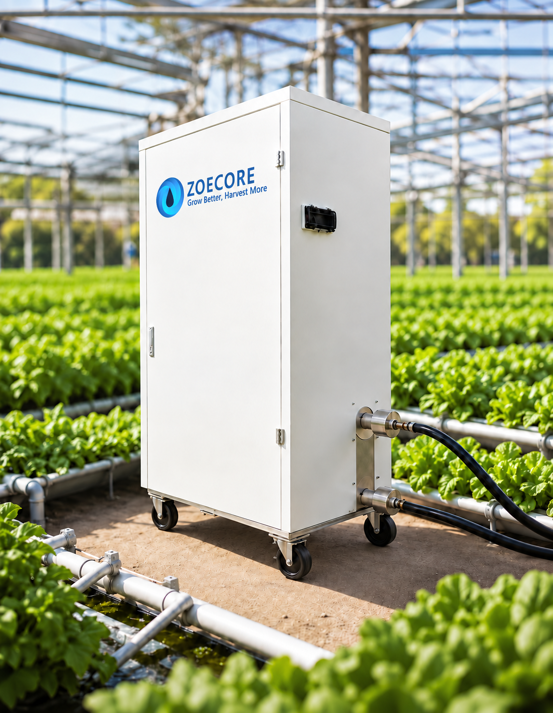 ZOECORE cabinet in a greenhouse, with supplied logo composited onto the front; complete cabinet, wheels and hose connections visible.