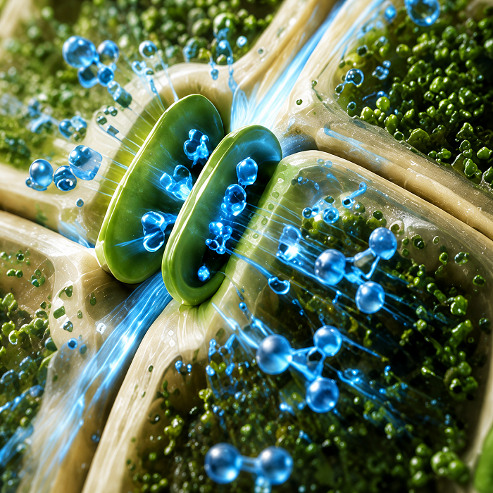Concept illustration: Illustration of water molecules moving through a plant-cell opening.