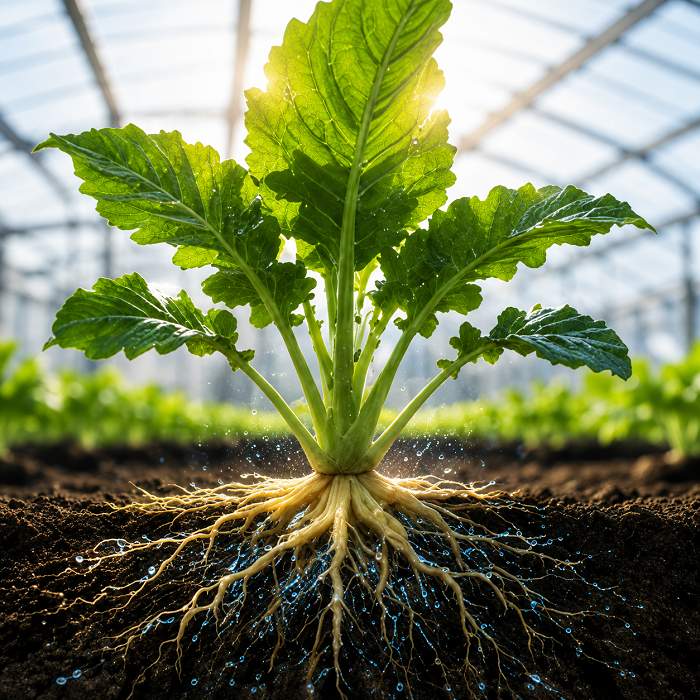 Concept illustration: Illustration of a leafy plant with roots and blue water highlights in a greenhouse.