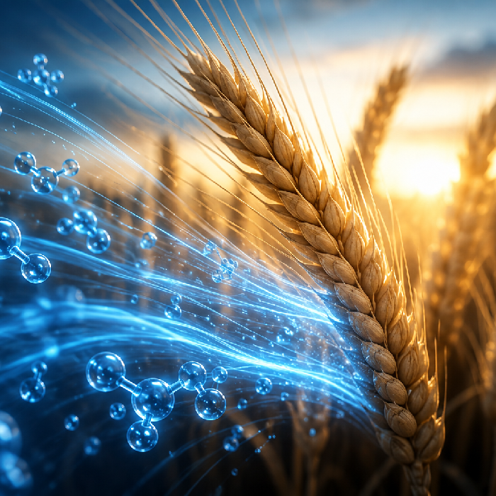 Concept illustration: Illustration of a golden wheat head with blue water molecules in sunlight.