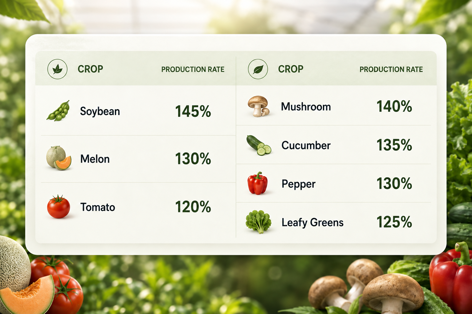 Manufacturer-reported crop production rates: Soybean 145%, Melon 130%, Tomato 120%, Mushroom 140%, Cucumber 135%, Pepper 130%, Leafy Greens 125%.