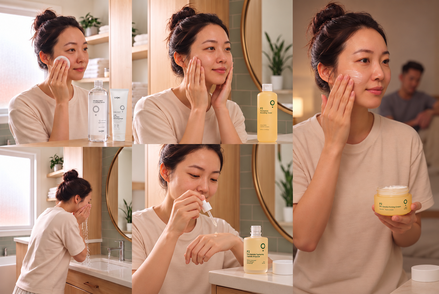 Illustrated routine: cleansing at left, P2 toner at upper centre, P2 ampoule at lower centre and P2 cream at right.