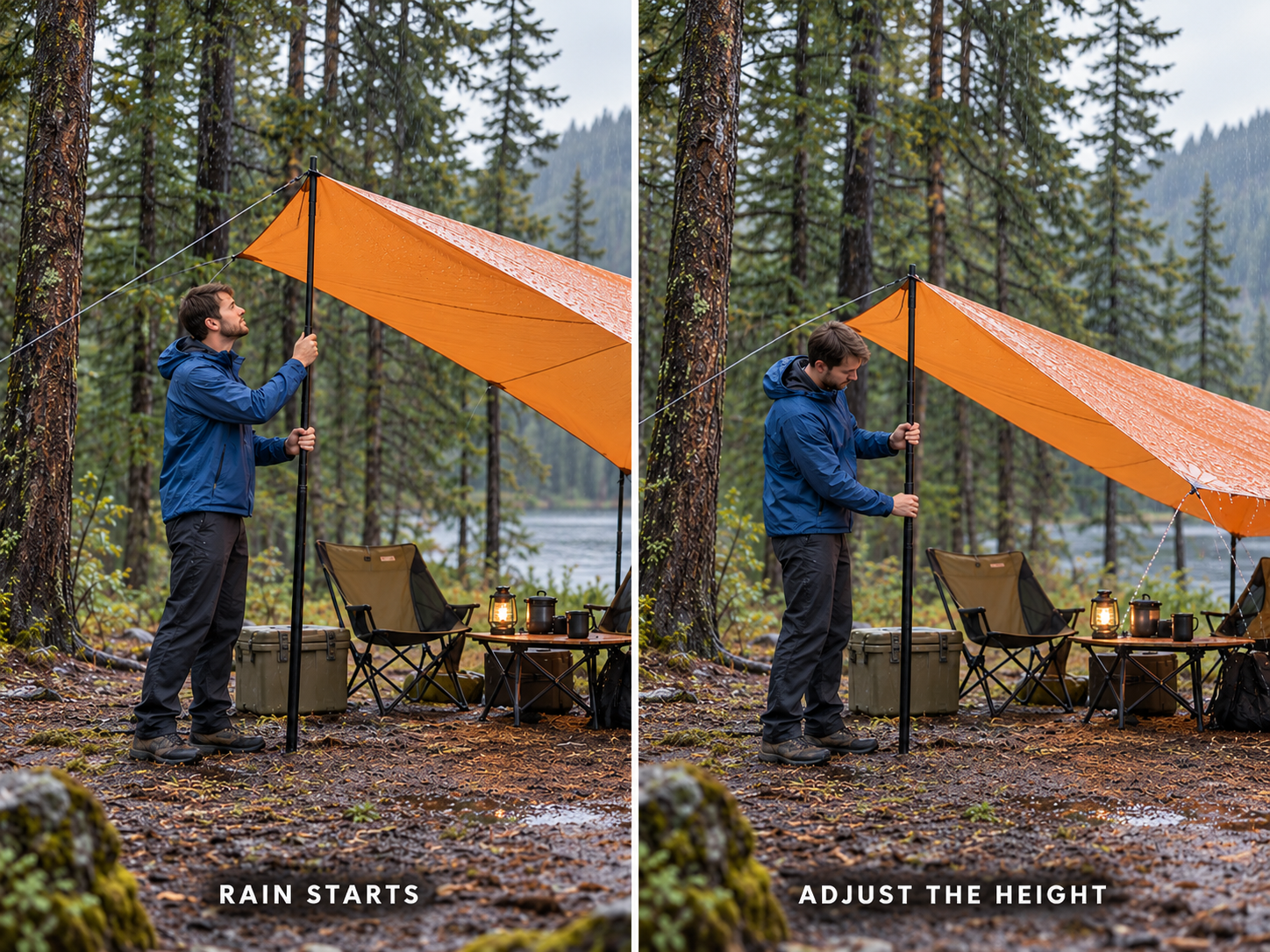 Two outdoor scenes showing a camper raising and lowering a tarp pole in the rain.