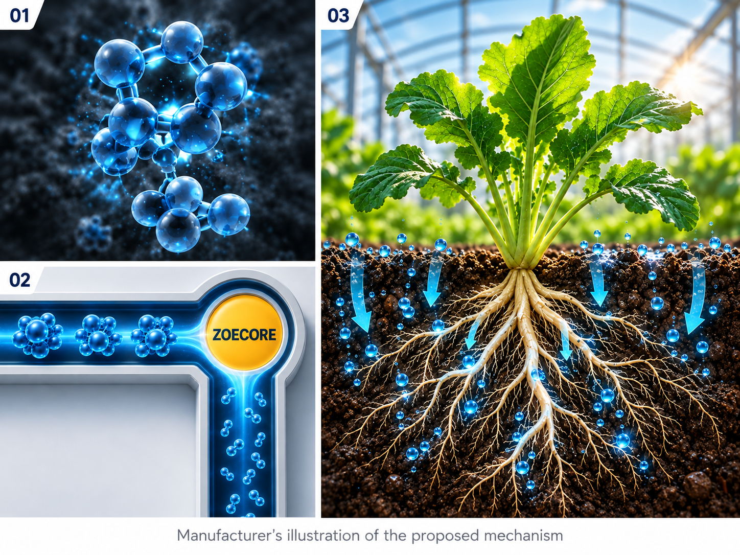 Concept illustration: Manufacturer’s conceptual illustration showing particle clusters, a ZOECORE-labelled flow channel, and water movement around crop roots.