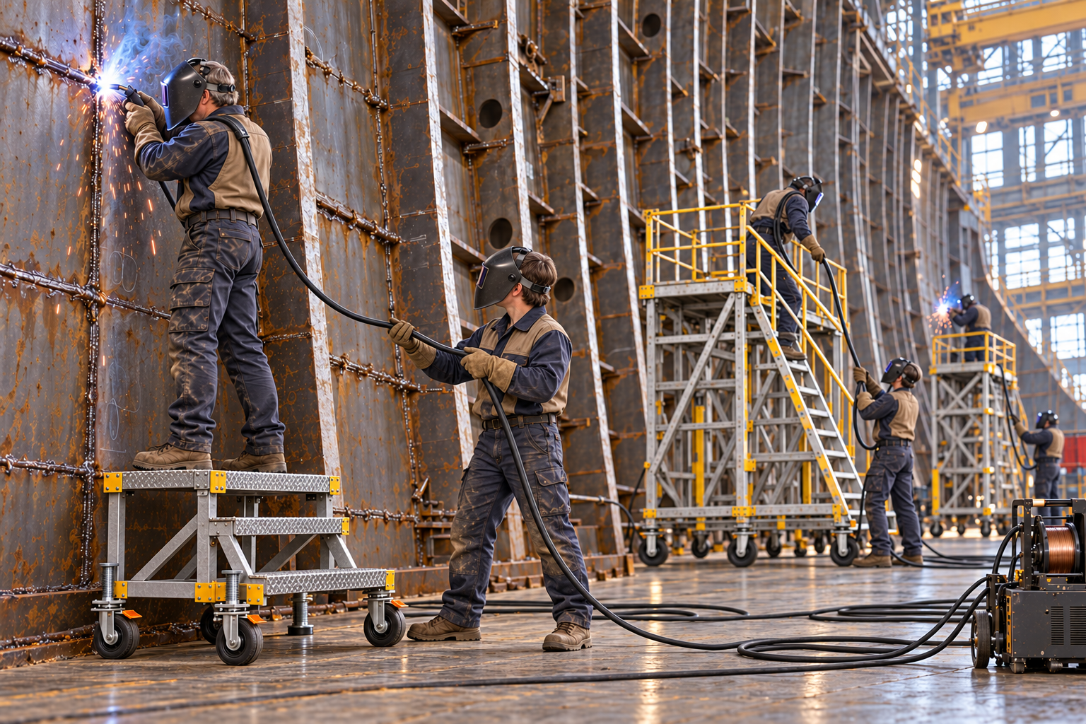 Concept illustration: An experienced welder and assistant manage a welding cable over the welder’s shoulder in a shipyard, with two more welding teams working behind them.