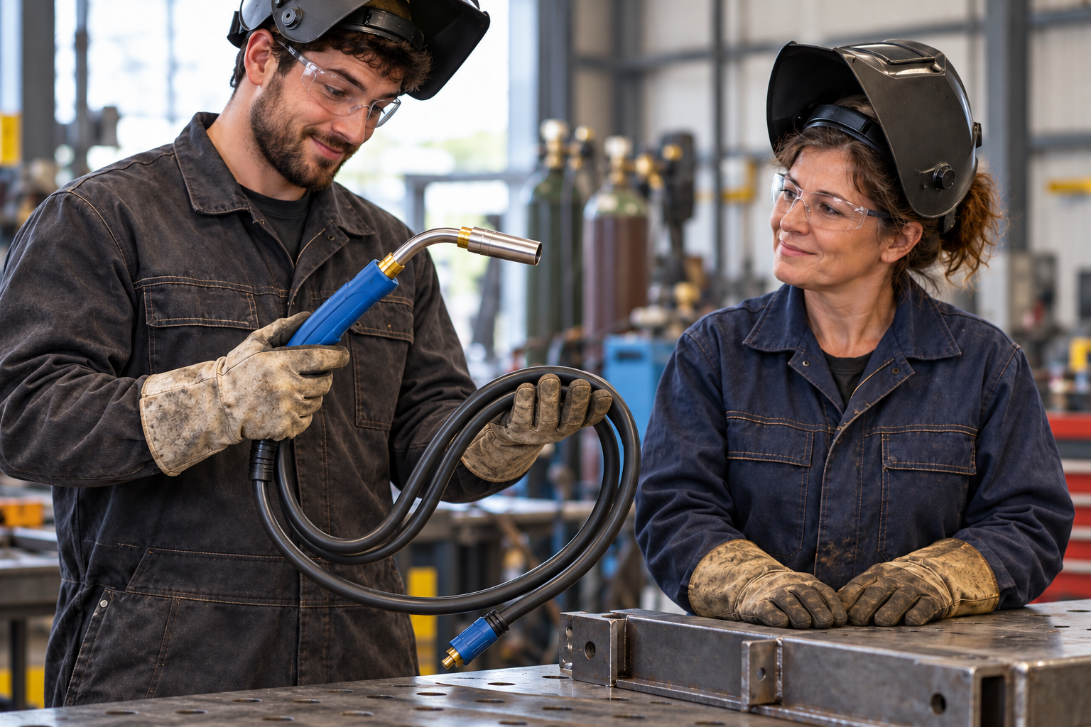 Concept illustration: Illustrative scene of a welder holding a blue CO₂ torch and lifting its cable while an experienced colleague looks on.