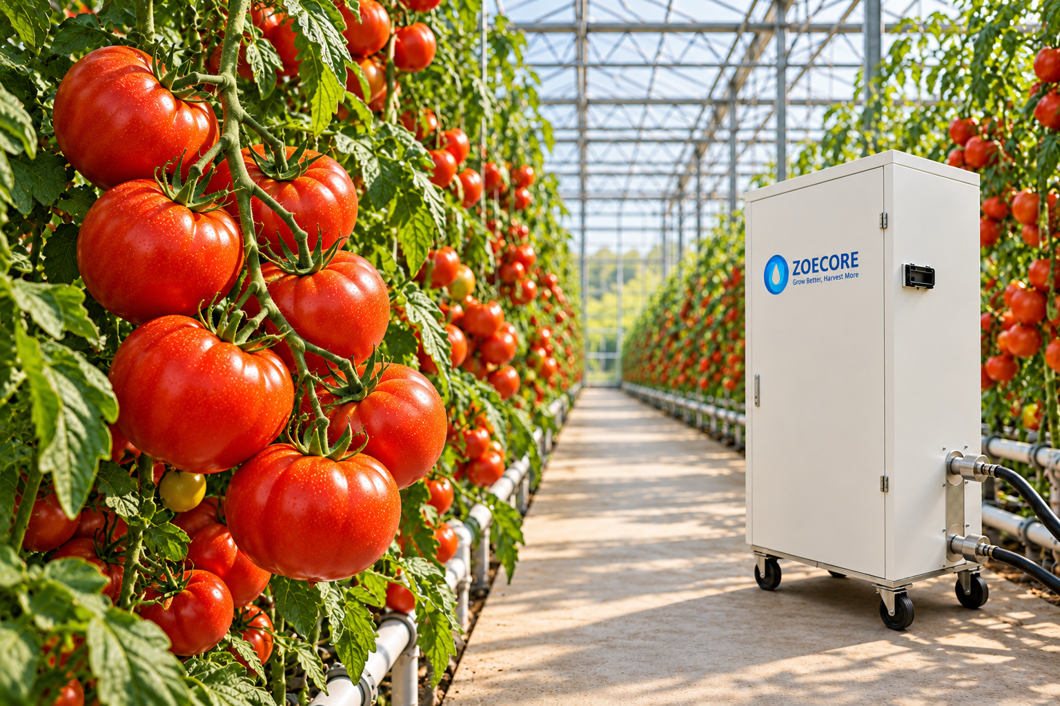 Concept illustration: Concept illustration of ZOECORE equipment beside ripe tomatoes in a sunlit greenhouse.